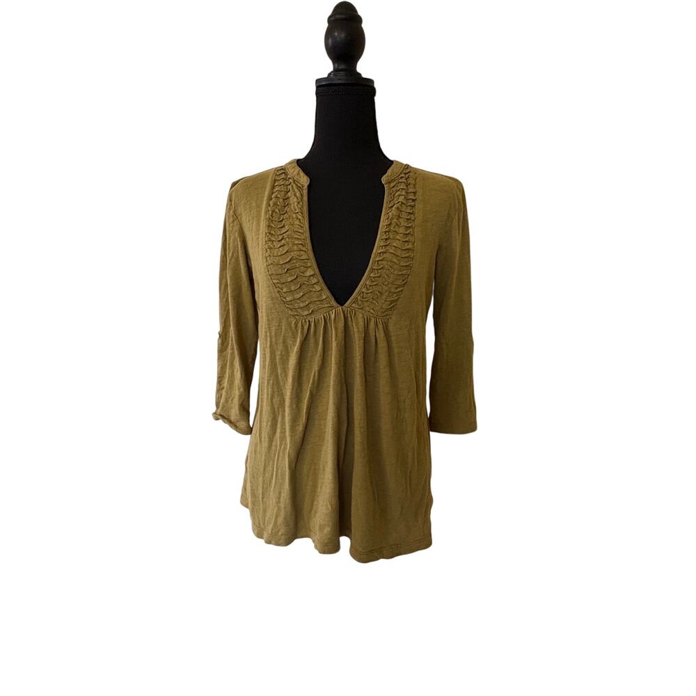 Ann Taylor LOFT Olive Green Ruffle V-Neck Tunic Top Size S 100% Cotton